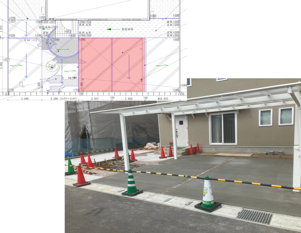 出雲市 外構工事 カーポート設置工事中の施工図と現場写真